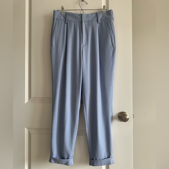 Open Edit Pants - Unisex Elegant Open Edit Blue Pleated Pants with Rolled Cuffs 33% Rayon-M/L